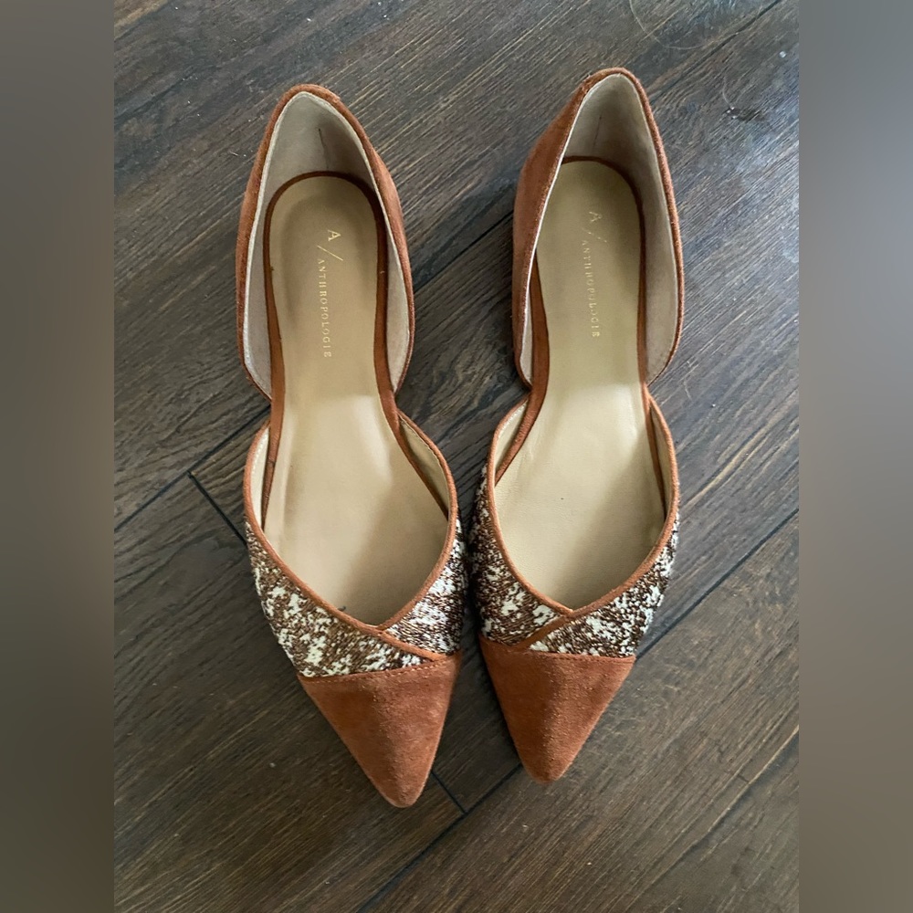 Anthropologie Rust Suede Pointed Toe D'Orsay Flats with Metallic Accent